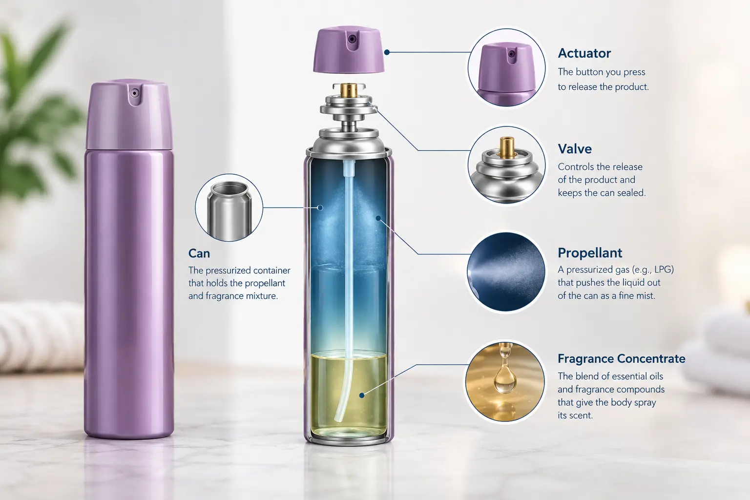 Diagram of a body spray aerosol can showing can, valve, actuator, propellant and fragrance concentrate