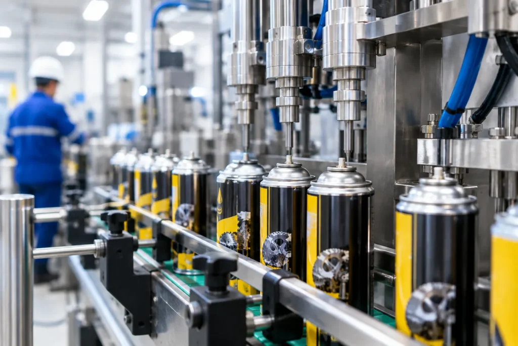 Industrial aerosol cans for lubricants and anti-rust filled at Alqaed's factory in the UAE