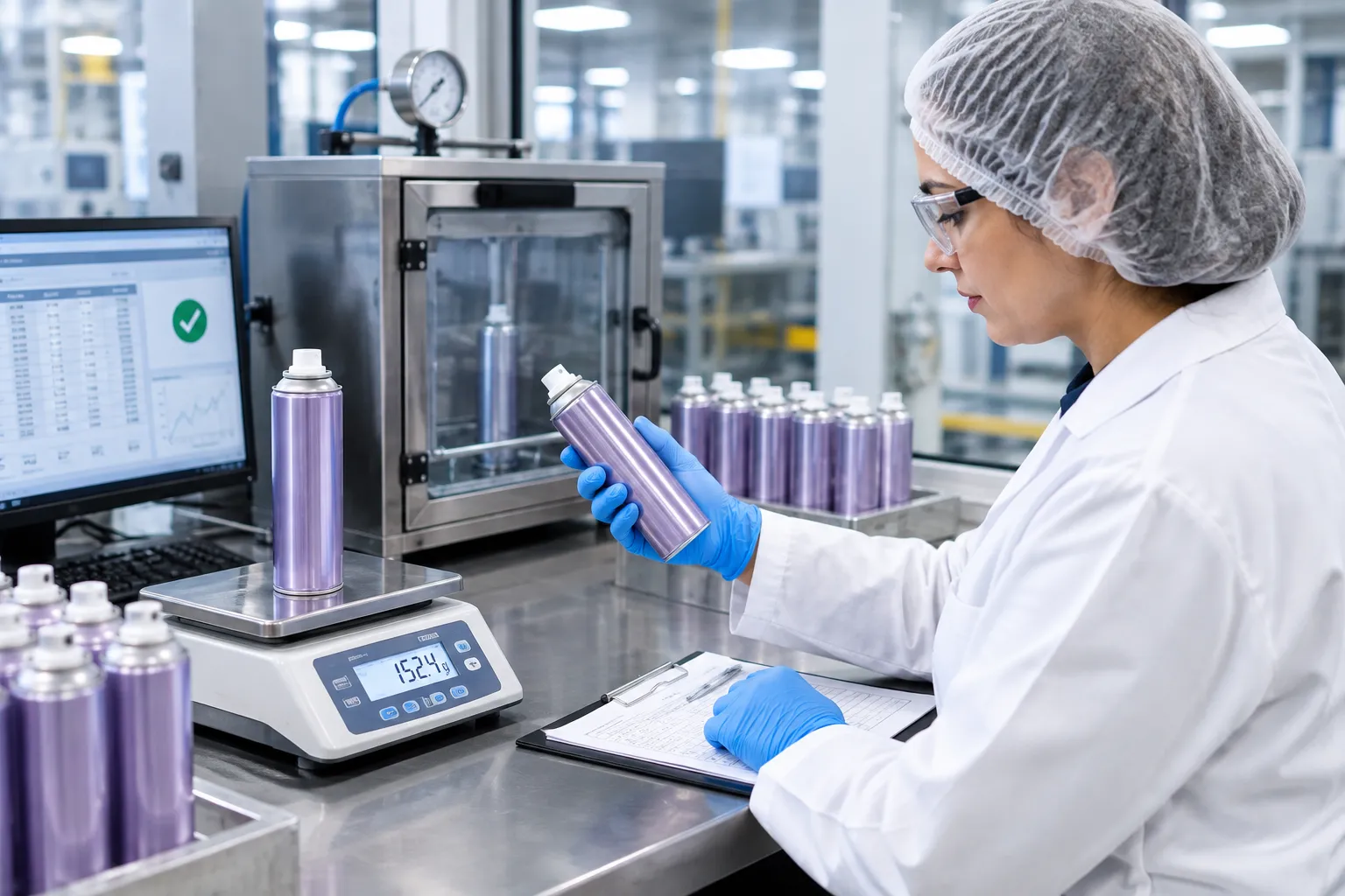 Quality control technician checking filled body spray cans for fill weight and leaks
