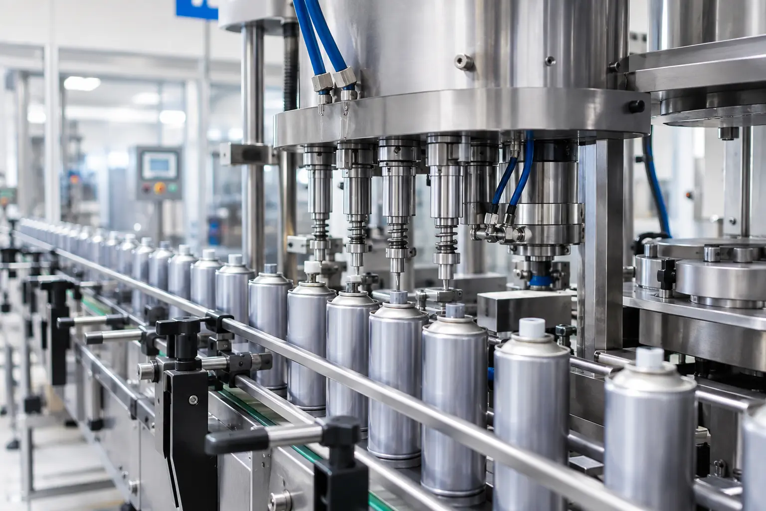 Body spray aerosol cans being filled on a production line at the Alqaed factory in the UAE