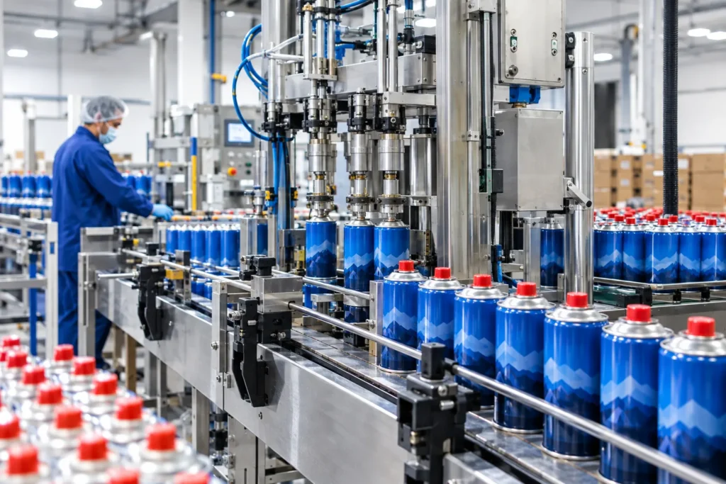 Aerosol and butane canister filling line at Alqaed factory in Umm Al Quwain