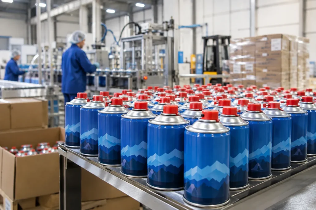 Butane camping gas canisters ready for export at the Alqaed factory in the UAE