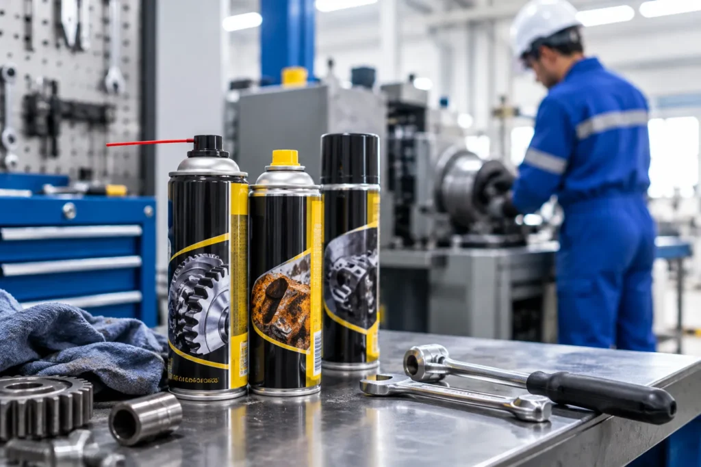 Industrial lubricant and anti-rust aerosol sprays used on machinery in a UAE workshop