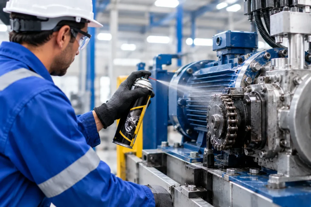 Technician applying maintenance aerosol spray to industrial equipment
