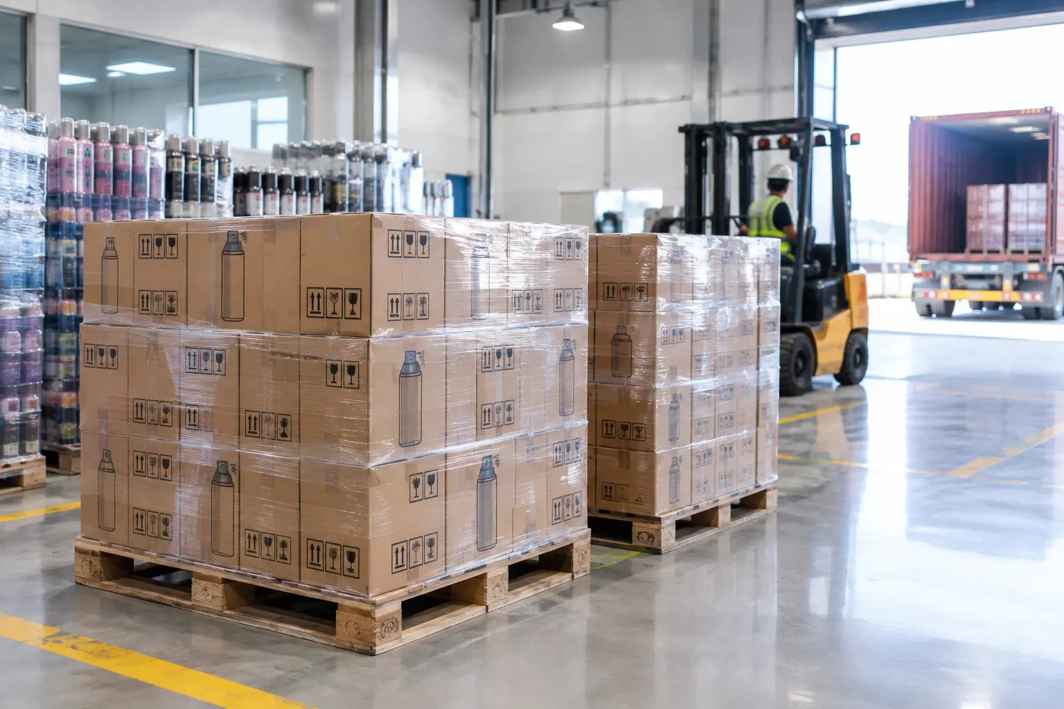 Body spray cartons and pallets prepared for export at a UAE aerosol factory