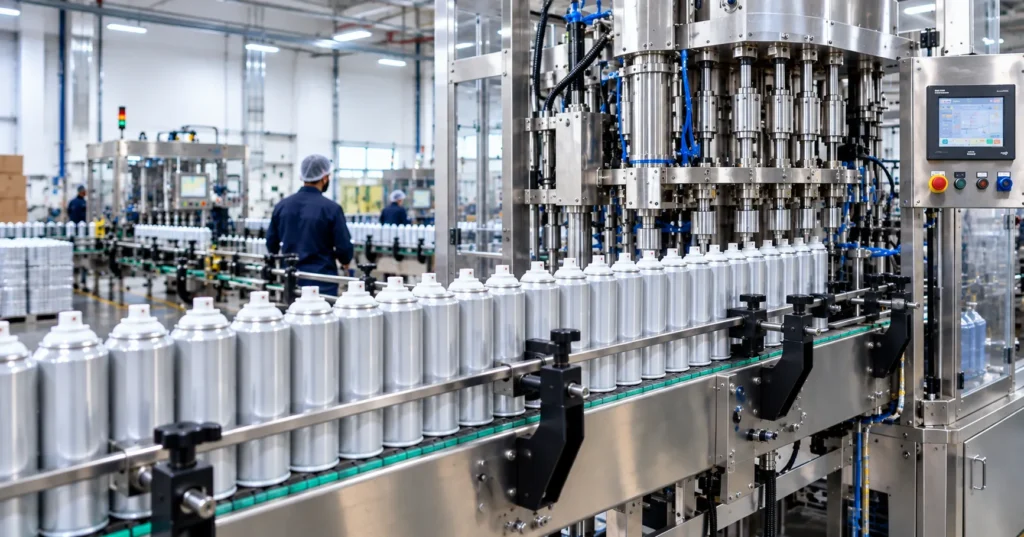 Aerosol filling line in a UAE factory showing aerosol contract manufacturing lead time