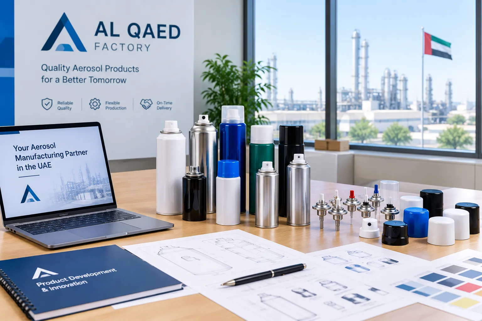 Al Qaed Factory team discussing an aerosol product project with a client