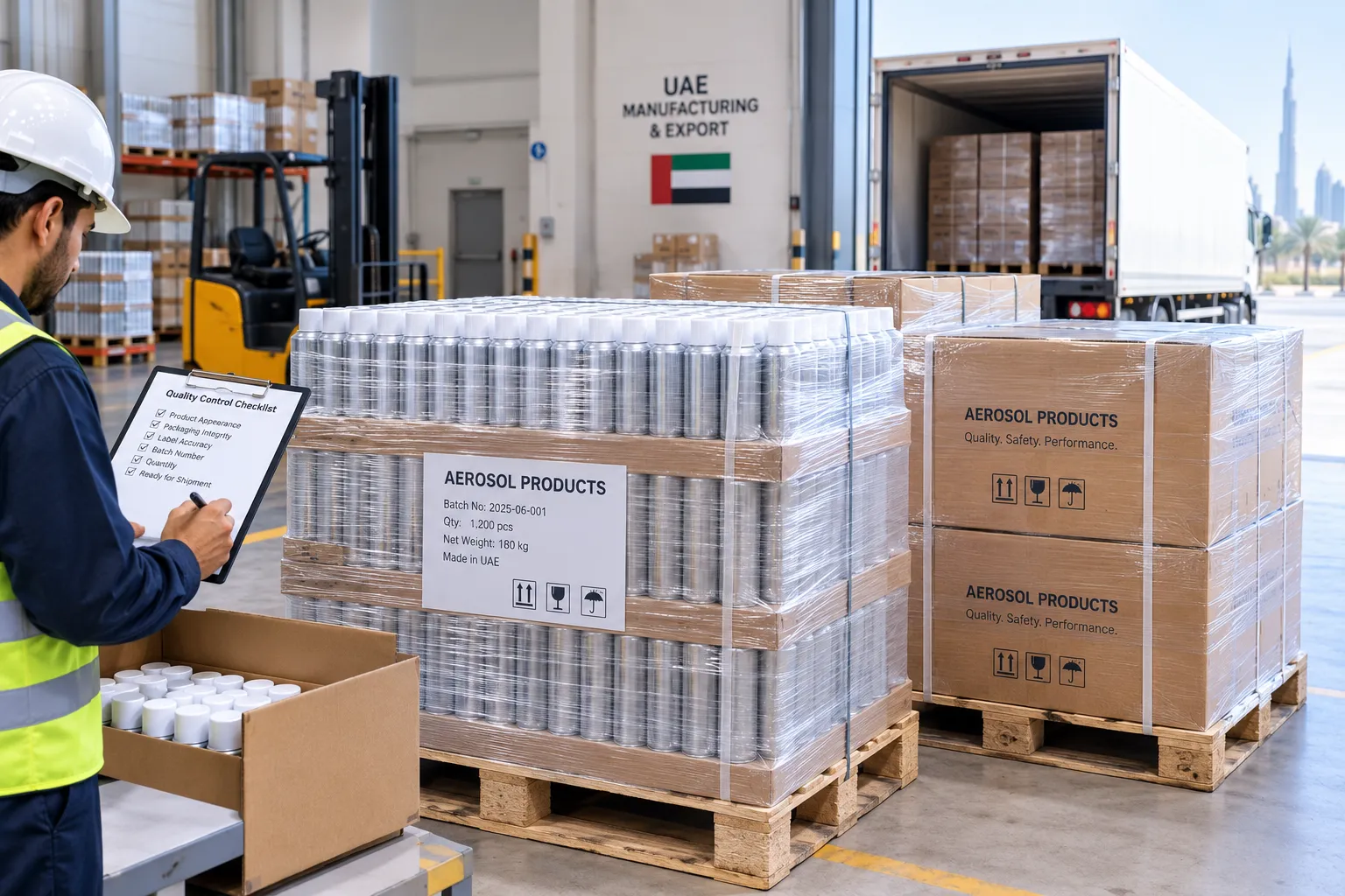 Finished aerosol products packed on pallets ready for shipment from the UAE