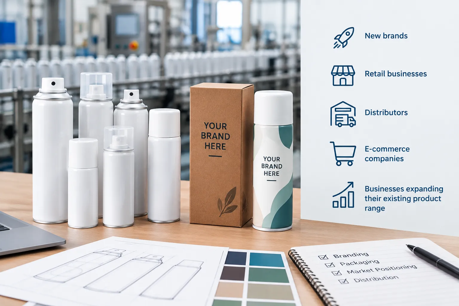 Private label aerosol manufacturing with branded packaging for new brands, retailers, distributors, and e-commerce businesses