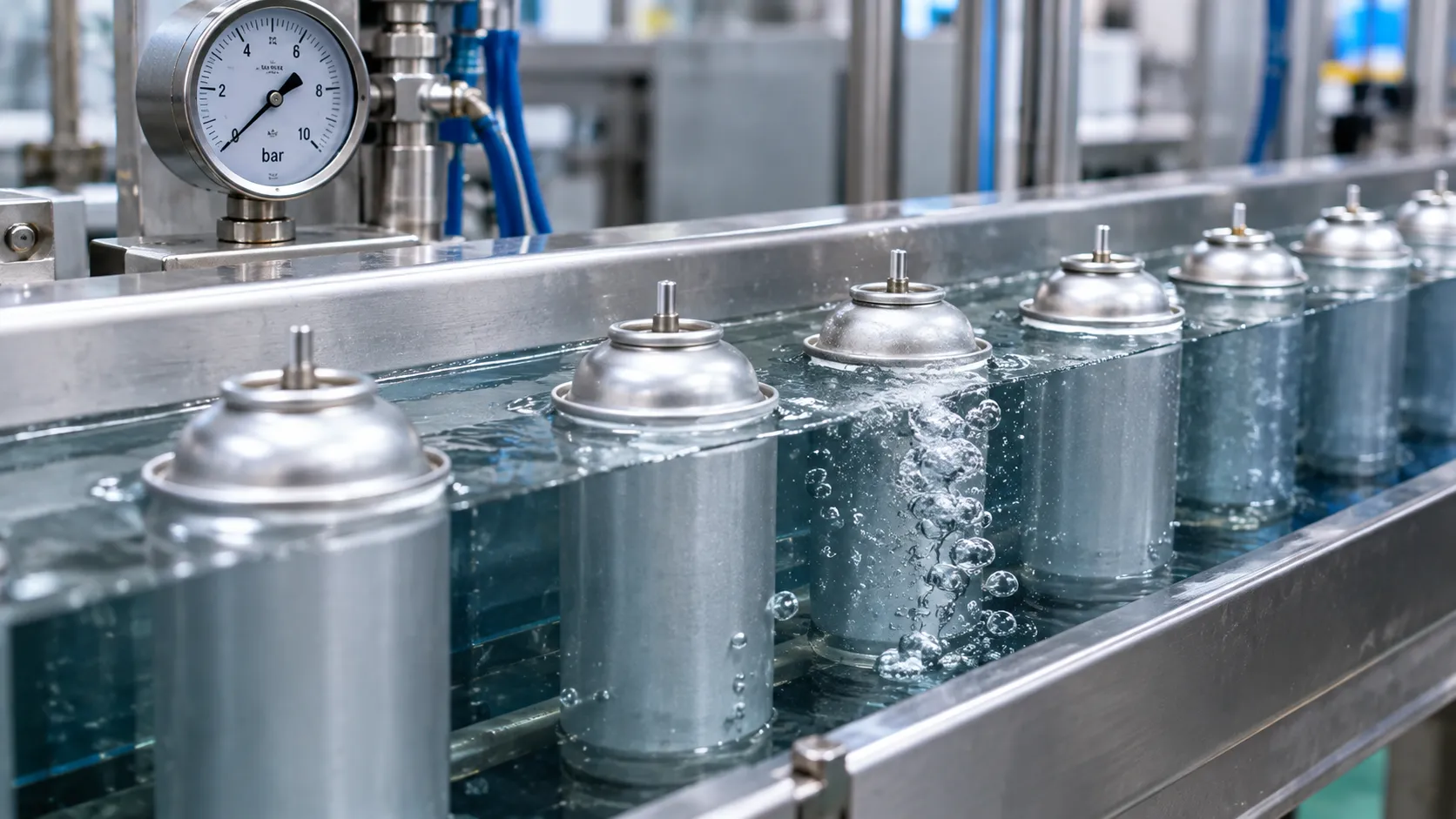 Aerosol cans passing through a water bath leak test to detect defective seals