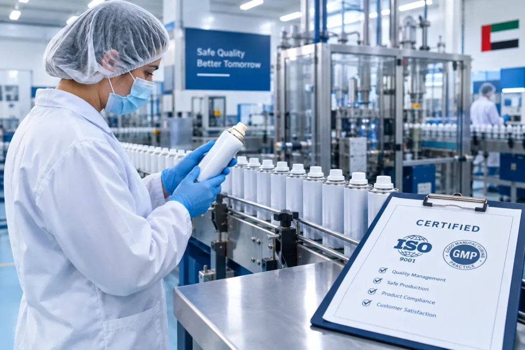 Quality inspector checking aerosol cans on a production line in a certified UAE aerosol factory