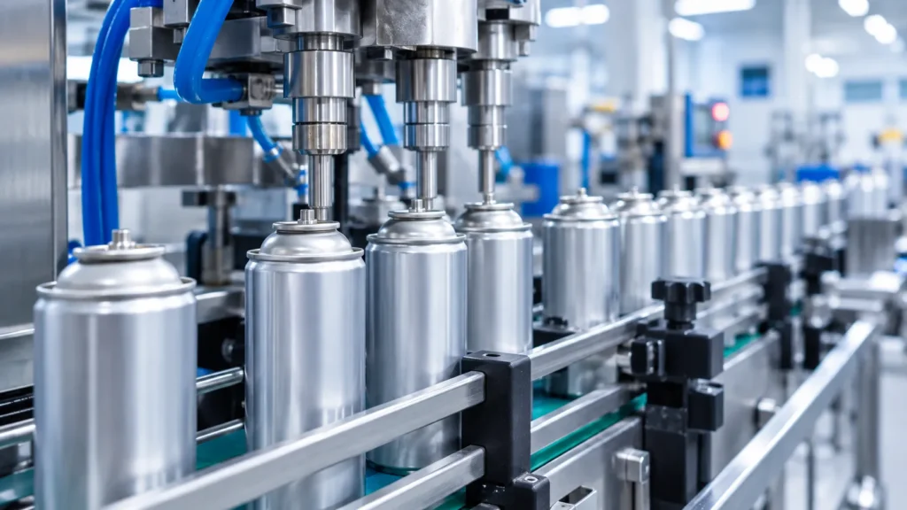 Aerosol cans moving along an automated filling line during the aerosol filling process