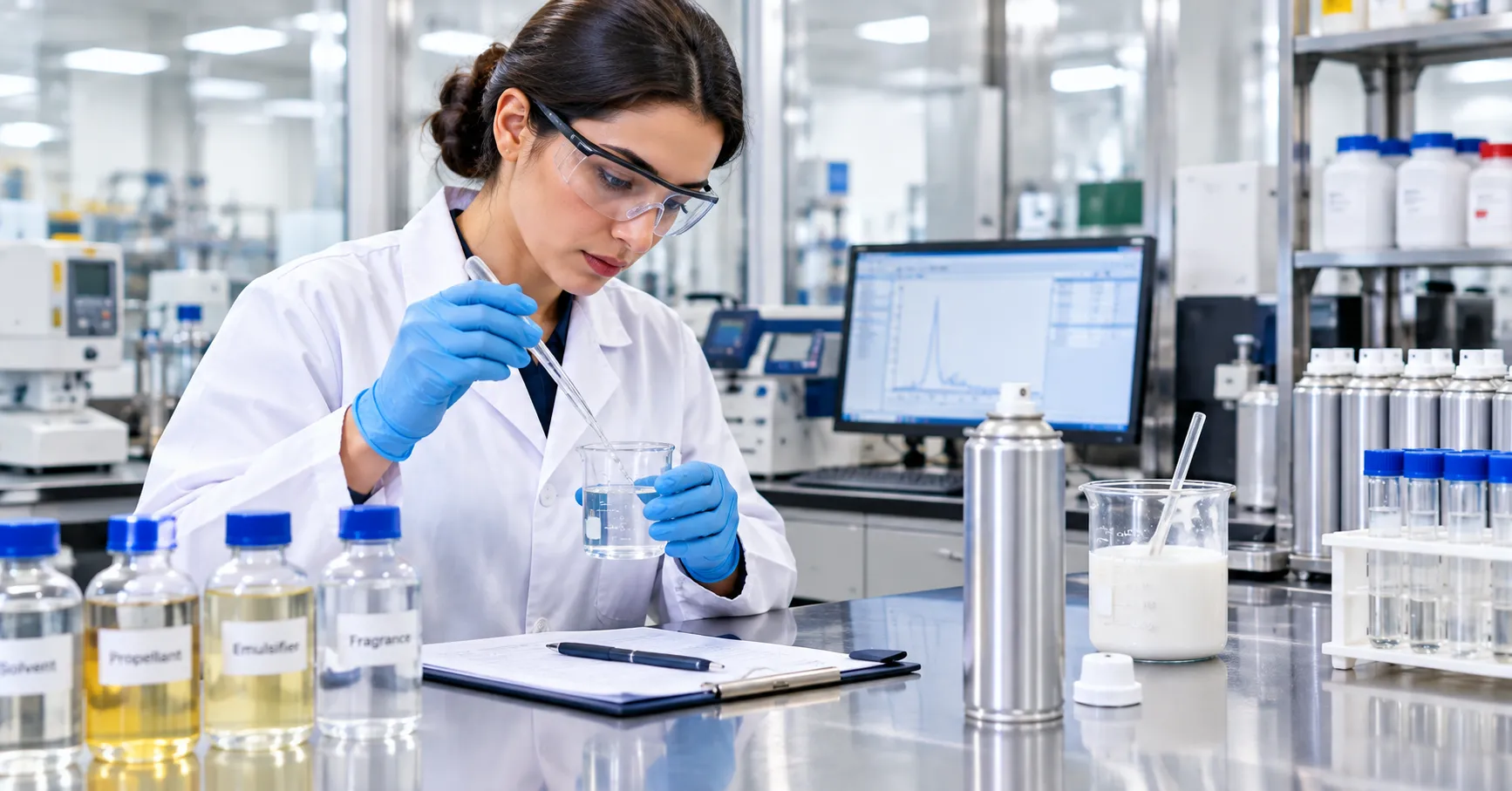 Lab technician testing an aerosol formulation sample for a private label product