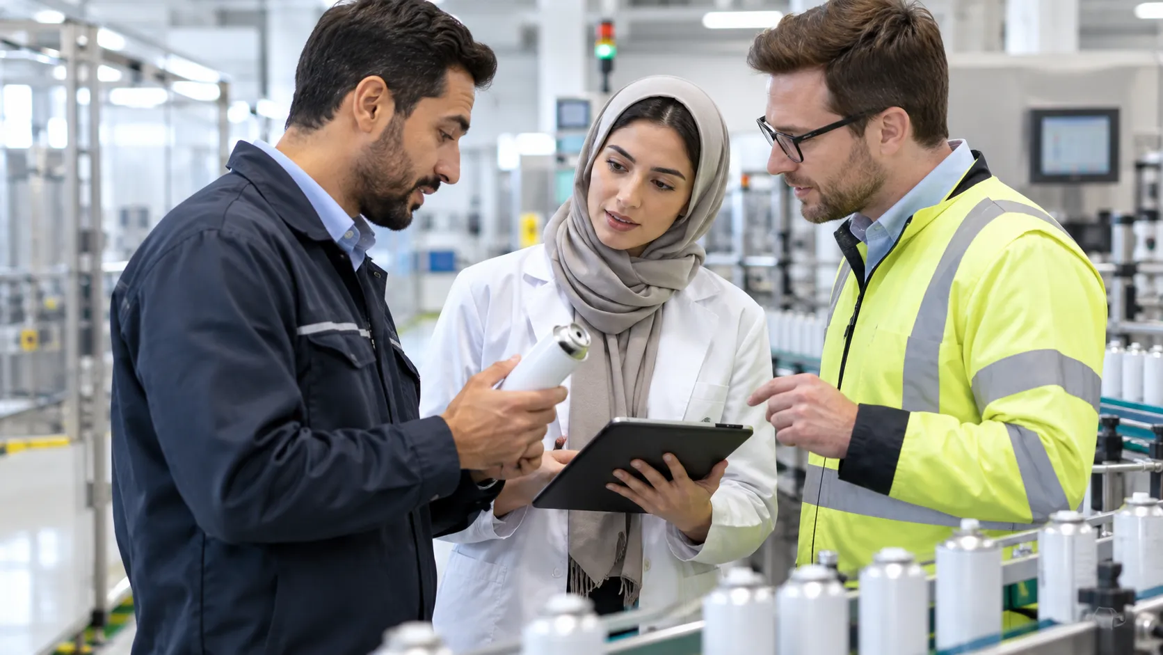 Alqaed team reviewing an aerosol product sample with a client during a manufacturing consultation