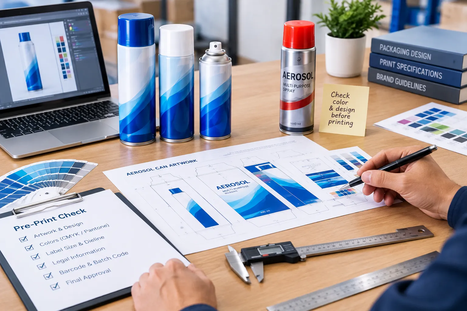 Aerosol can artwork and specifications being checked before printing to avoid packaging mistakes