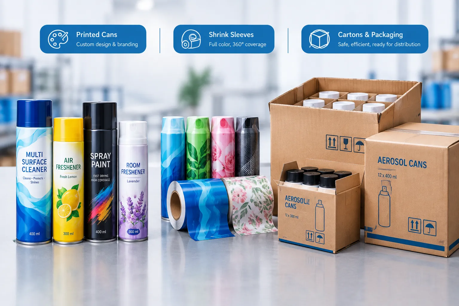 Printed aerosol cans, shrink sleeves and shipping cartons for distributors