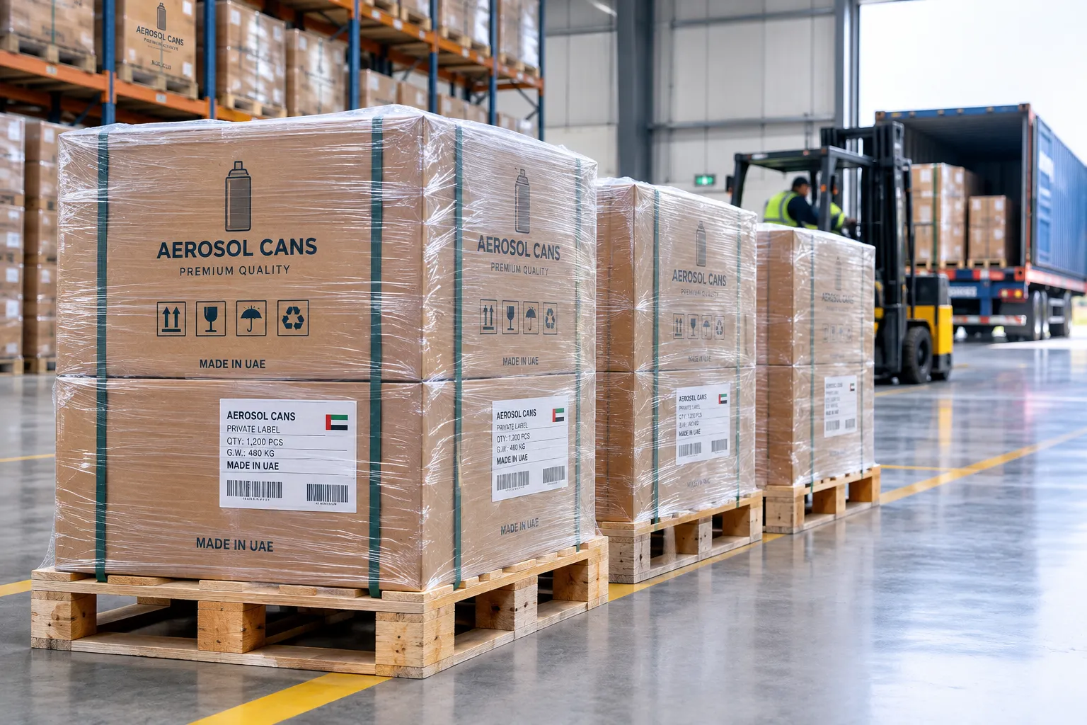 Palletised aerosol cartons packed and ready for export shipping from the UAE