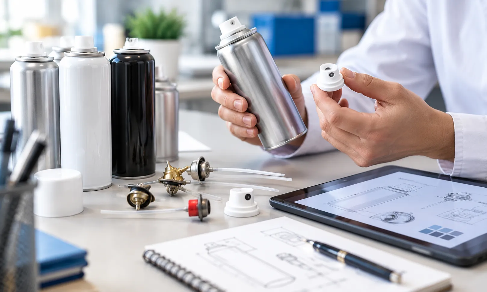 Specialist comparing aerosol can samples, valves and actuators while planning a new aerosol product