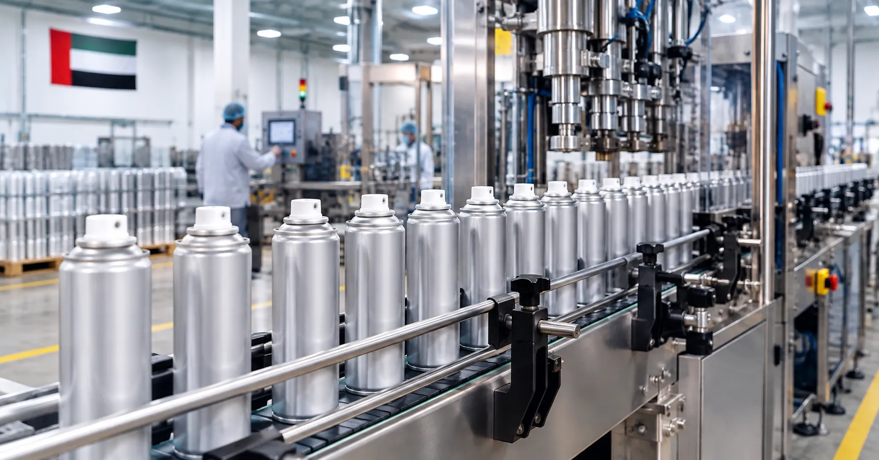 Aerosol cans moving along a production line at Alqaed's factory in Umm Al Quwain