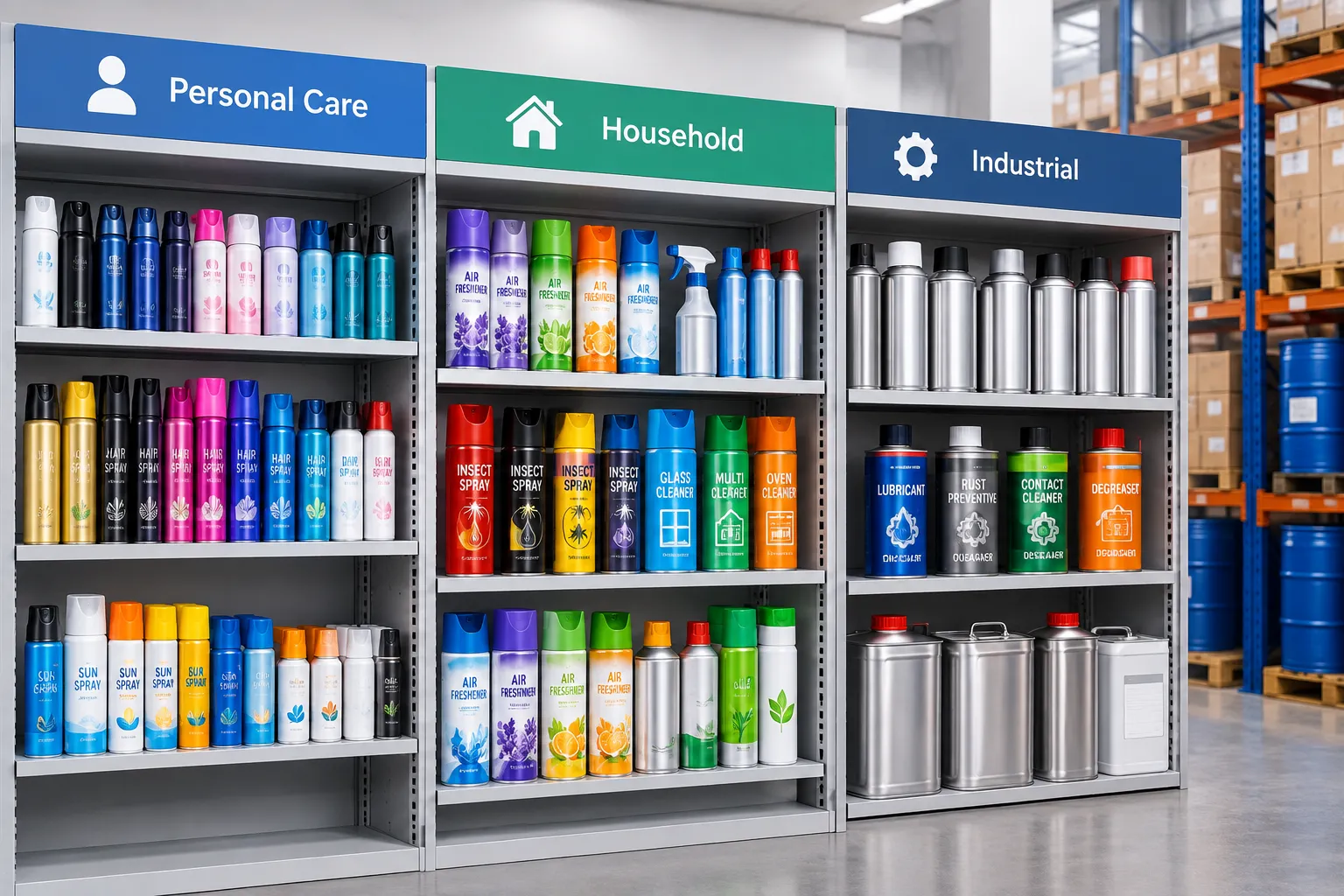 Aerosol products arranged for retail, household and industrial channels