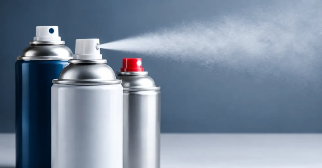 Aerosol cans spraying a fine mist, illustrating butane and propane aerosol propellants