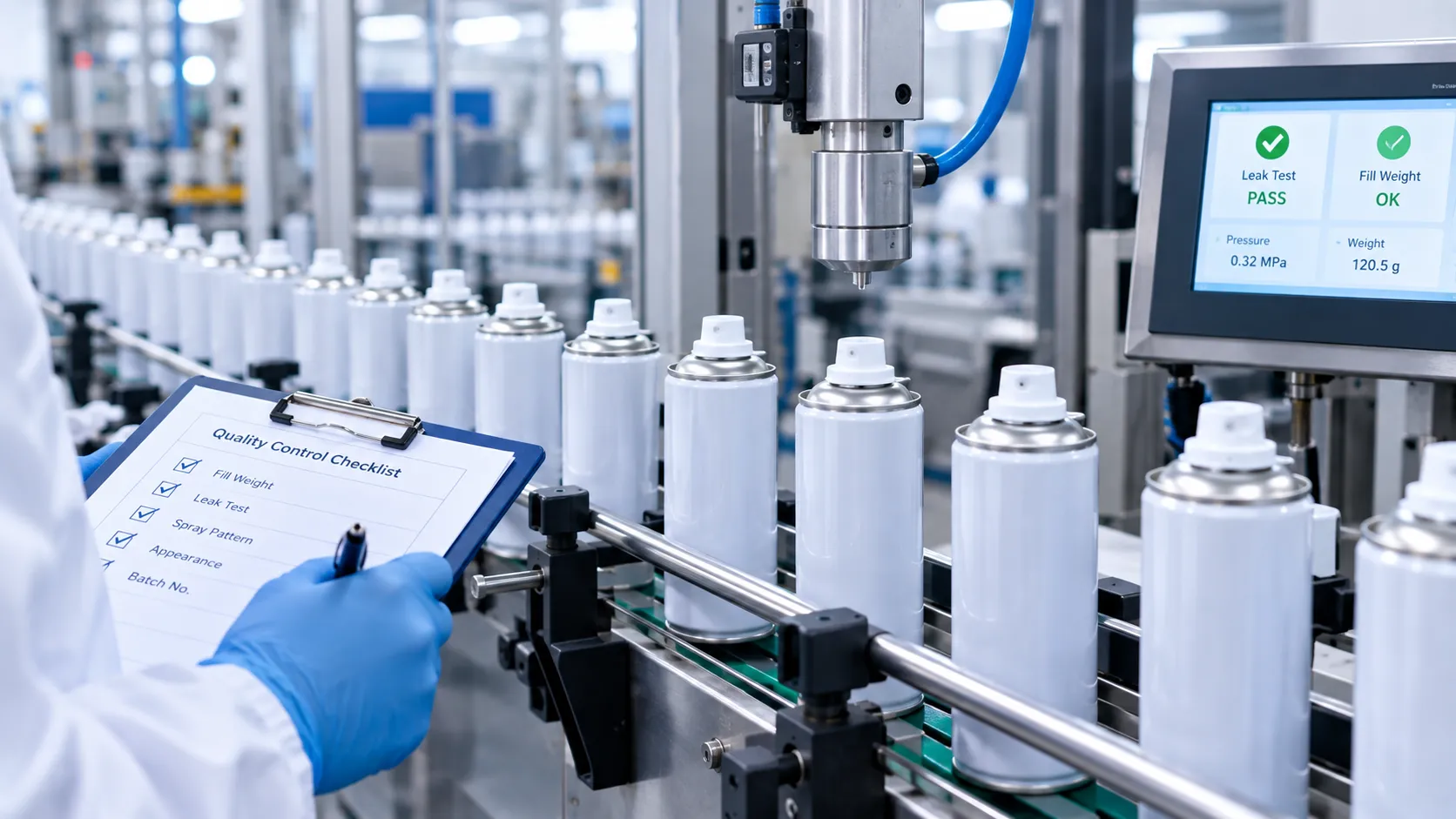 Aerosol cans undergoing quality control checks on a manufacturing conveyor
