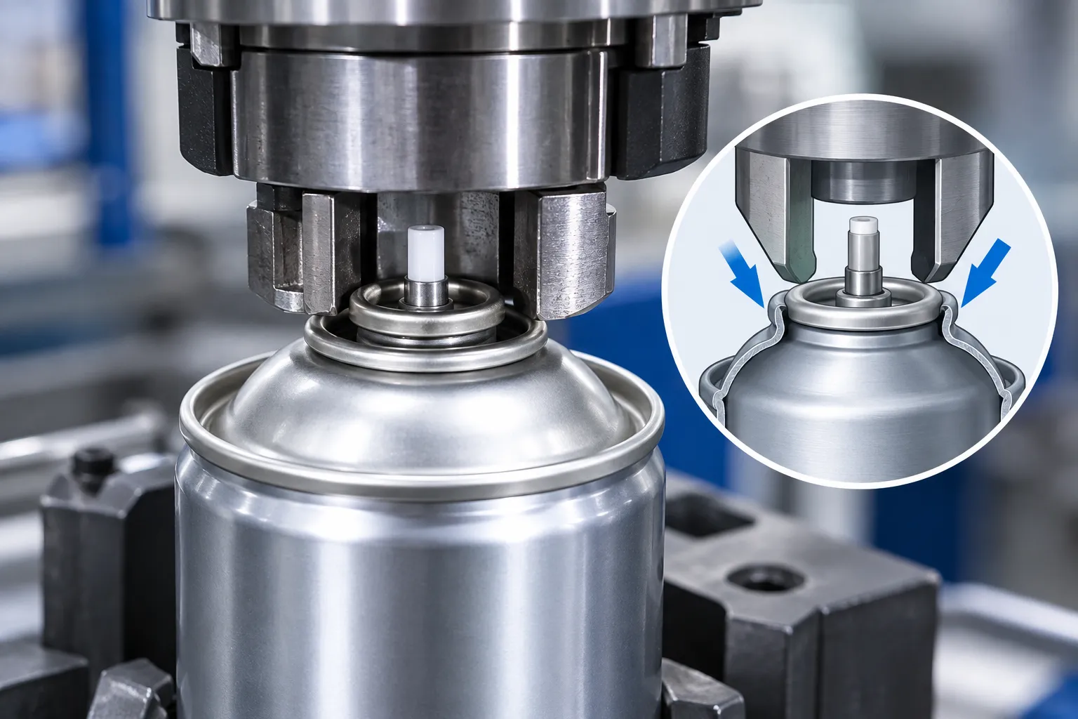 Illustration of a valve being crimped onto an aerosol can to create a gas-tight seal