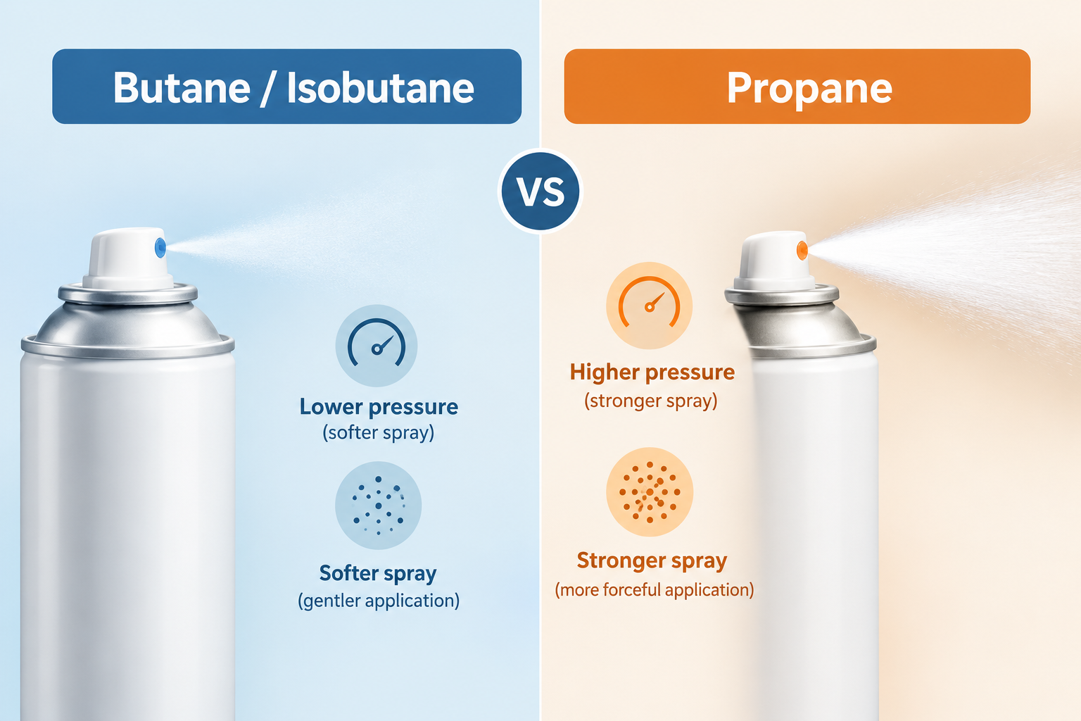 Comparison infographic of butane and propane aerosol propellants showing differences in pressure and spray character