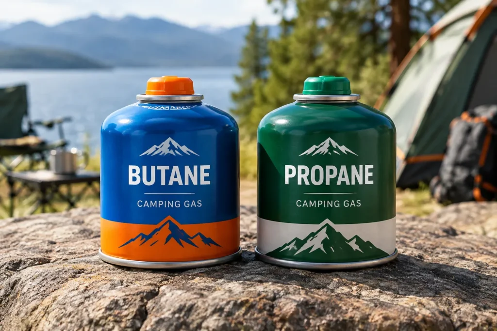 Butane and propane camping gas canisters side by side for safety and performance comparison