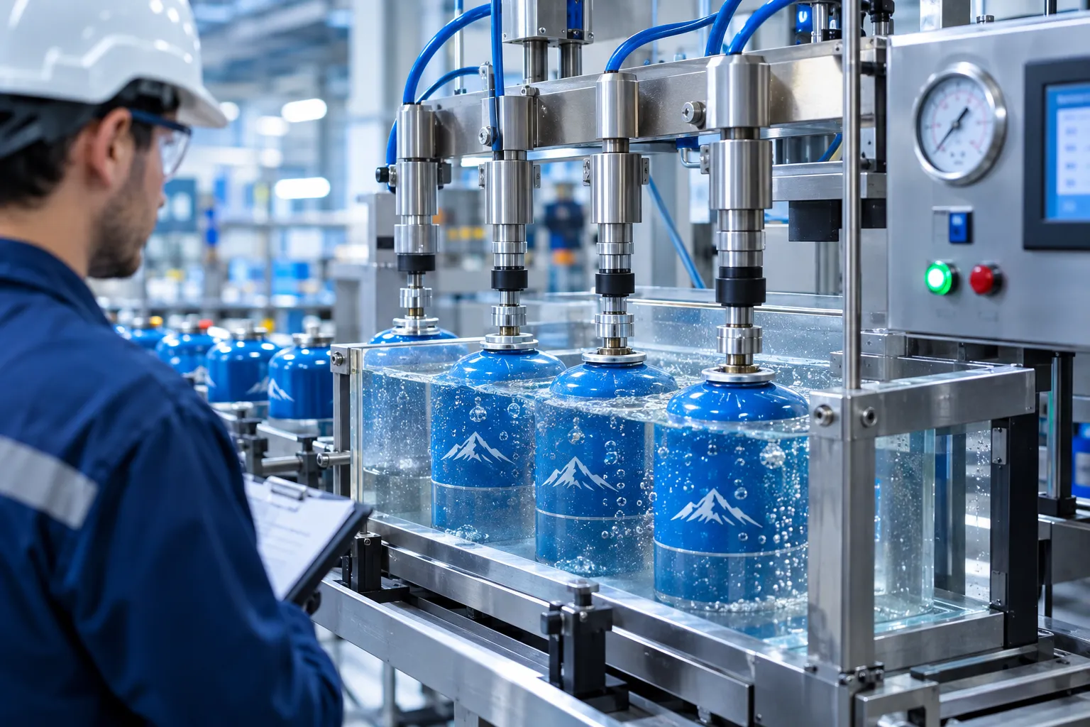 Leak testing of filled camping gas canisters on a manufacturing line
