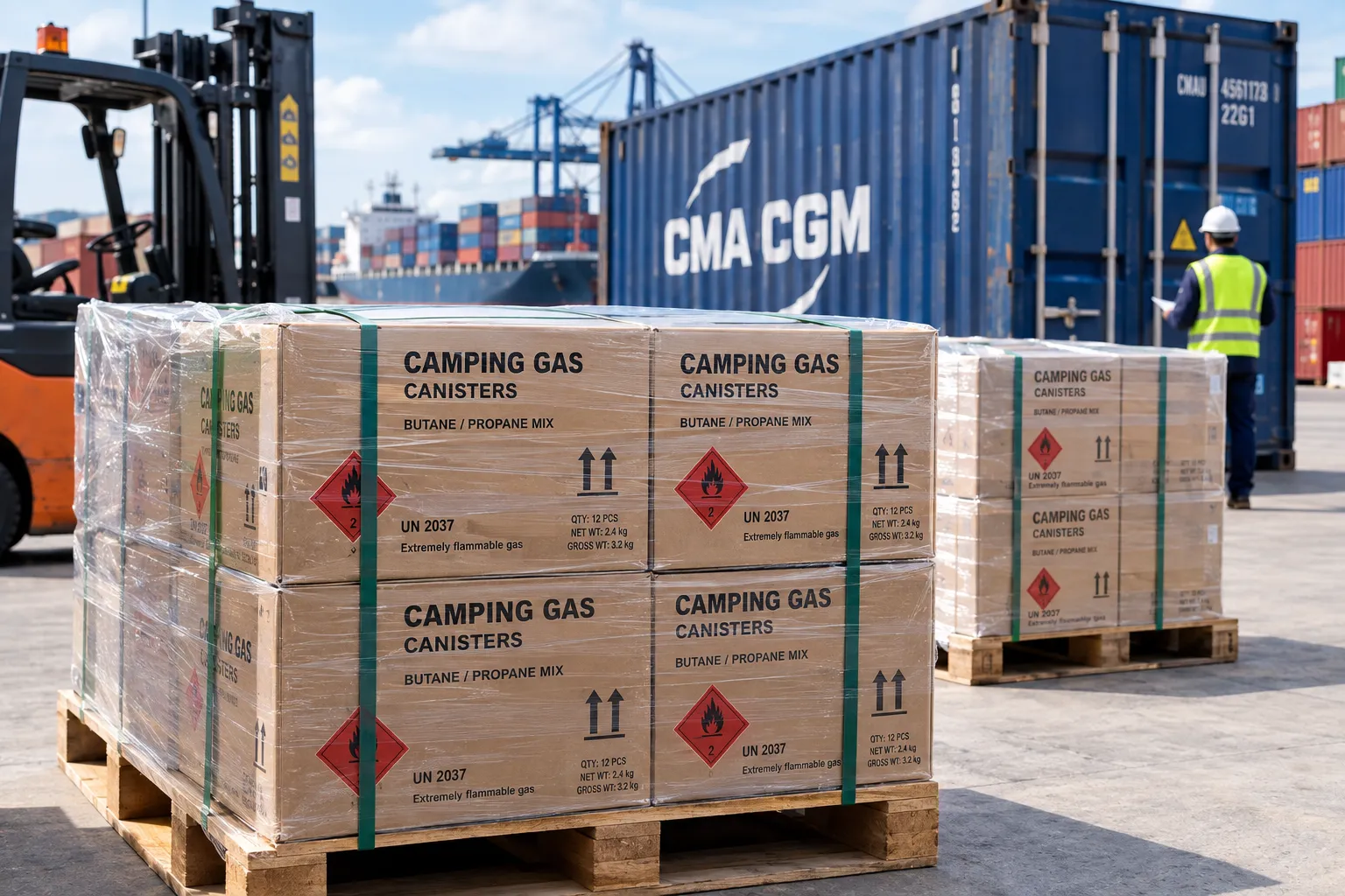 Packaged camping gas canisters prepared for export with hazard labelling