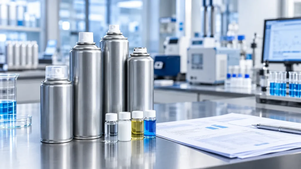 Industrial aerosol cans with sample units on a laboratory bench for custom formulation