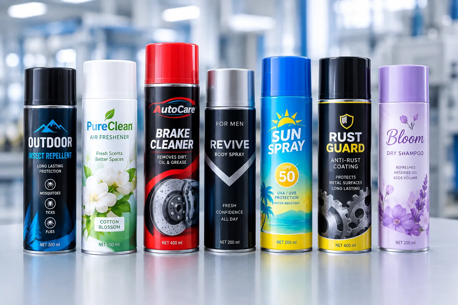 Custom printed aerosol cans with different branding designs for private label products
