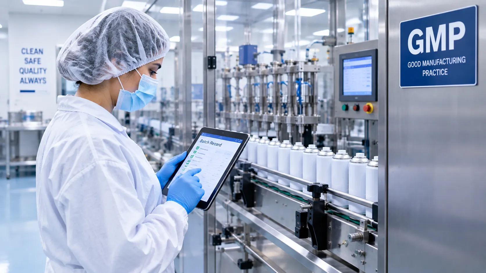 Technician recording batch data in a GMP-controlled aerosol filling area
