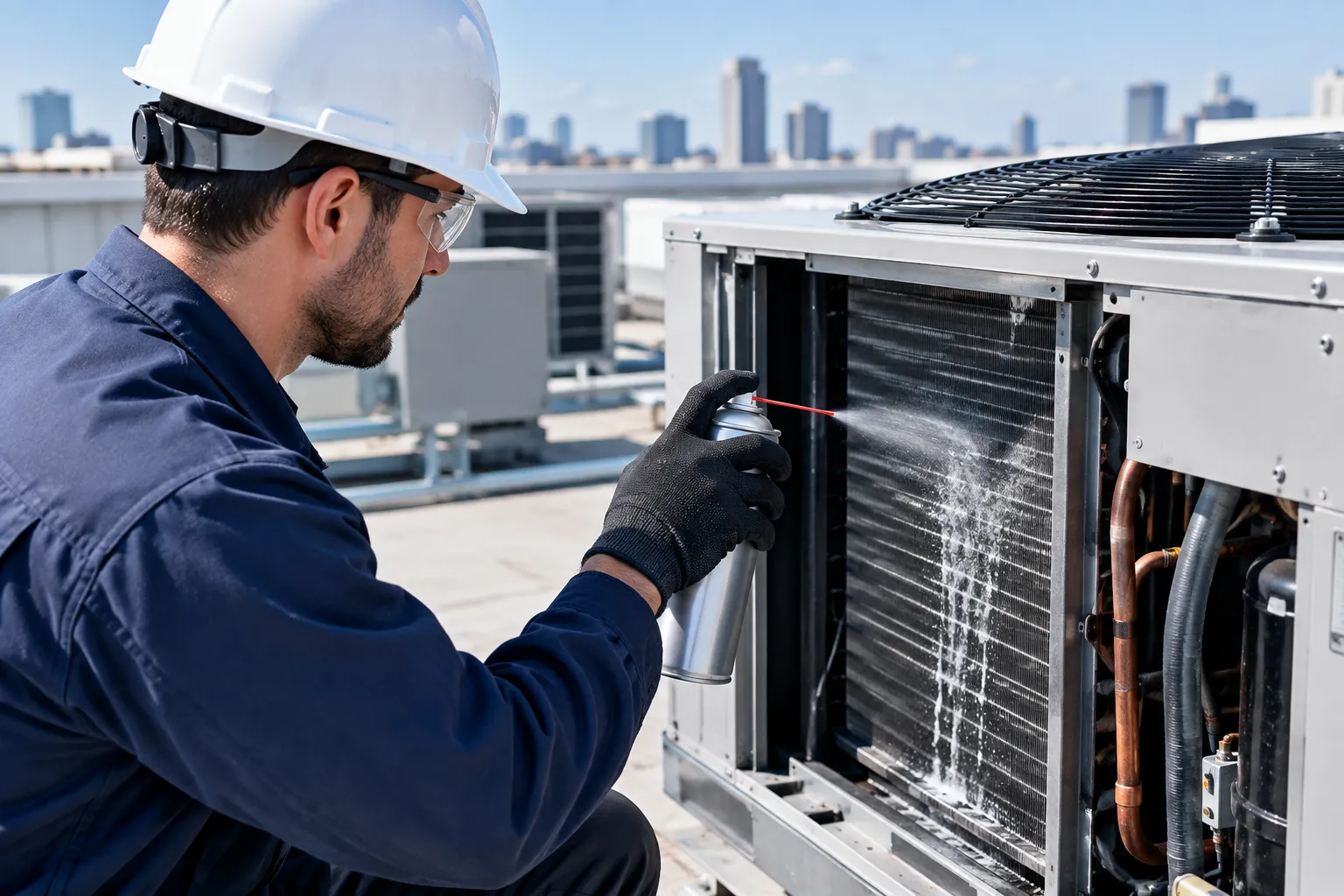 Facilities technician servicing an outdoor HVAC unit with an industrial cleaning spray