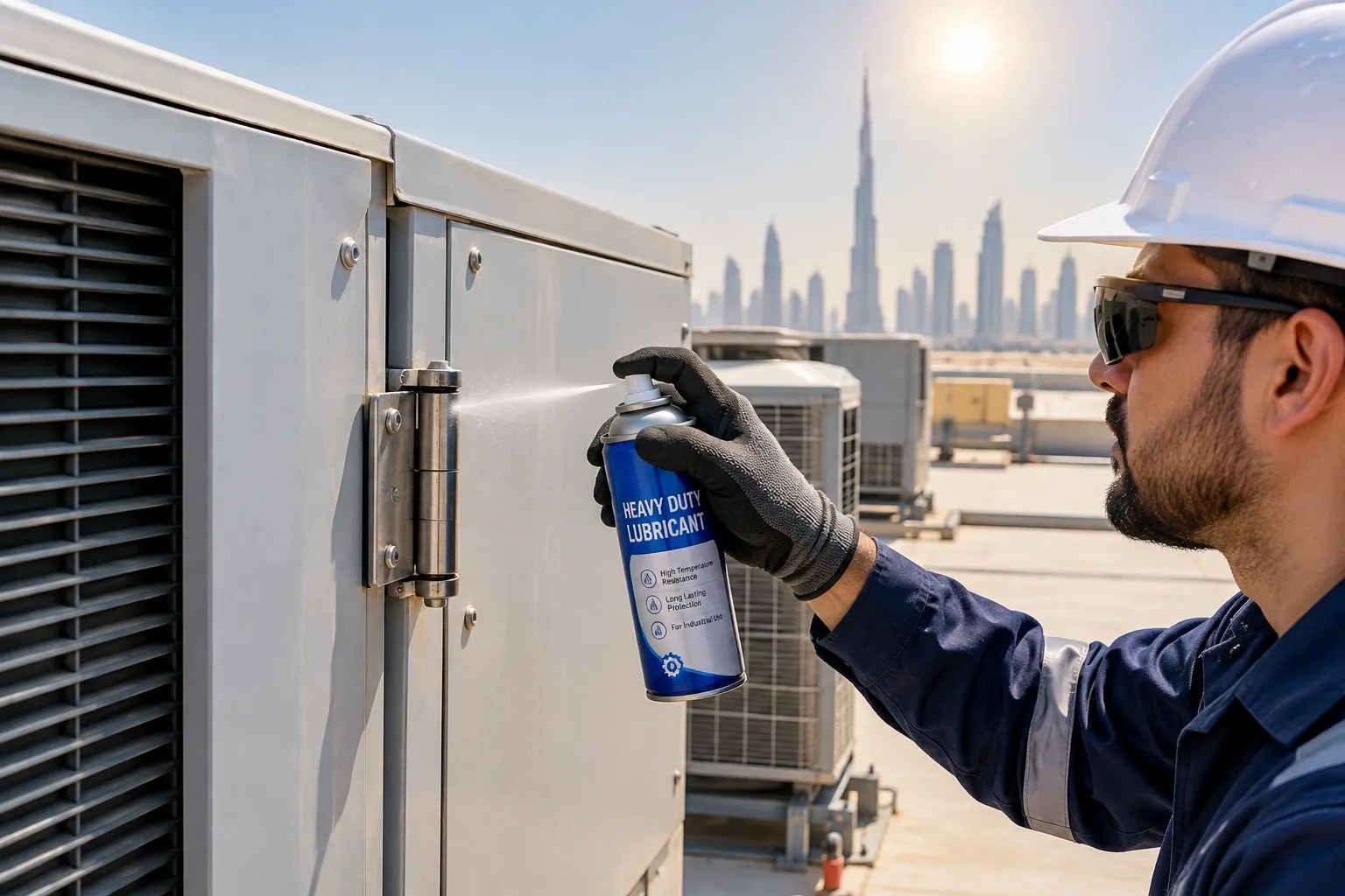 Heavy-duty hinge and outdoor HVAC unit lubricated with a heat-resistant industrial aerosol in Dubai summer heat