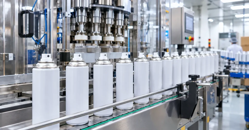 Private label aerosol cans on a production line in a UAE aerosol manufacturing factory